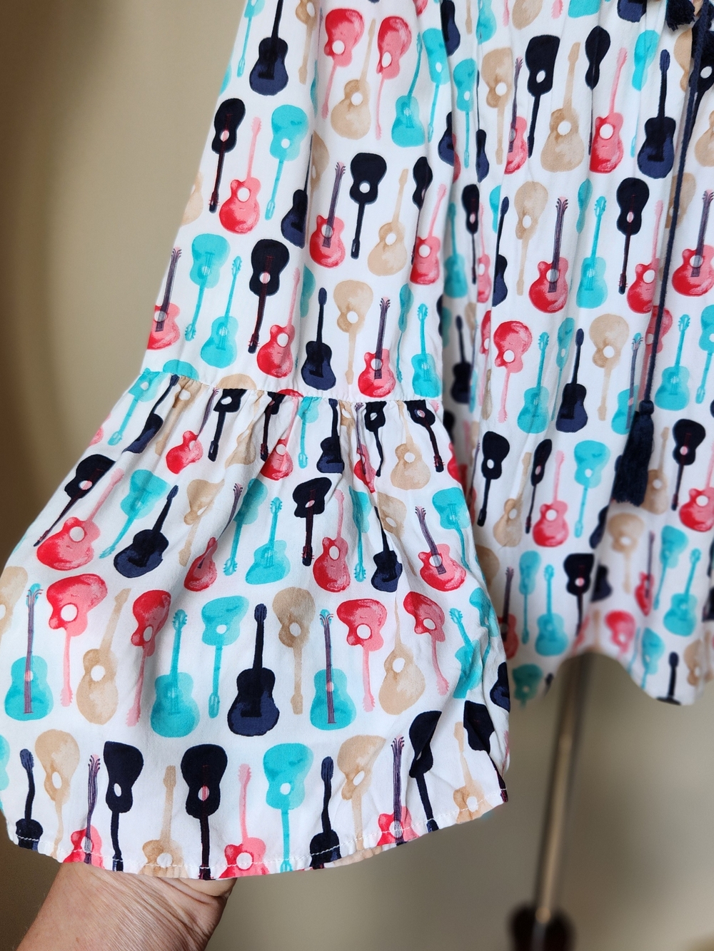 Guitar Print Tassel Pom Pom Blouse Bell Sleeve Boho Music Teacher Top Peasant L - Picture 4 of 12